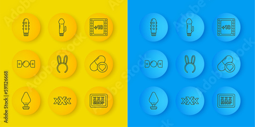 Set line Anal plug, Silicone ball gag with belt, Mask long bunny ears, Sex shop, Pills for potency, aphrodisiac, Dildo vibrator, Play Video 18 plus content and icon. Vector