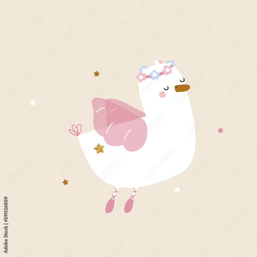 Duck prima ballerina with floral wreath. Cute childish graphic. Vector hand drawn illustration. Duck prima ballerina with floral wreath. Cute childish graphic. Vector hand drawn illustration.