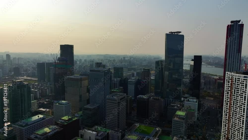 Drone View of Seoul city in South Korea, Sunset in Yeouido Financial District Drone View of Seoul city in South Korea, Sunset in Yeouido Financial District