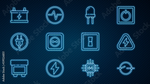 Set line Electric circuit scheme, High voltage, Light emitting diode, Electrical outlet, plug, Car battery, light switch and icon. Vector