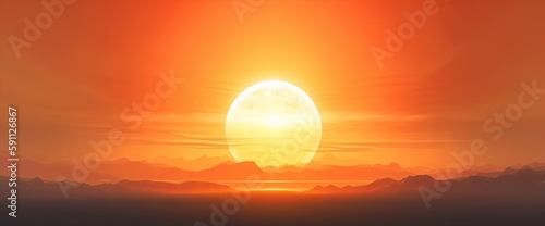 Hot sunset with a red sun on the background in the summer. Generative AI © Gelpi