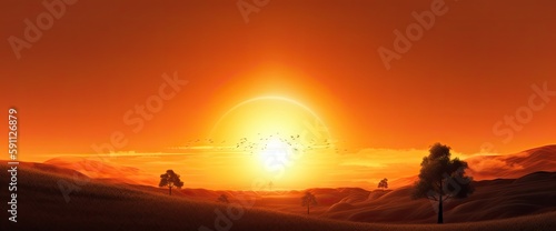 Hot sunset with a red sun on the background in the summer. Generative AI