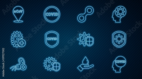 Set line Corona virus covid-19, Shield protecting from, Virus, Positive, 2019-nCoV location, and icon. Vector