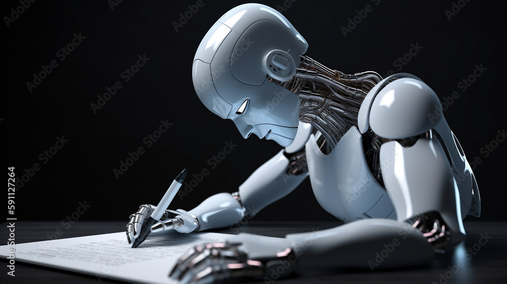AI writing an essay, robotic, futuristic, android. Created using generative AI. AI writing an essay, robotic, futuristic, android. Created using generative AI.