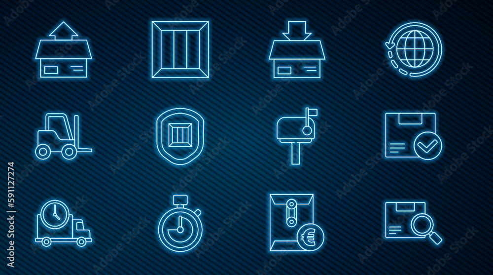 Set line Search package, Package box with check mark, Carton cardboard, Delivery security shield, Forklift truck, Mail and Wooden icon. Vector Set line Search package, Package box with check mark, Carton cardboard, Delivery security shield, Forklift truck, Mail and Wooden icon. Vector