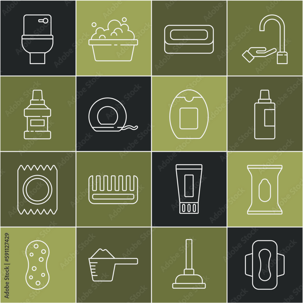 Set line Sanitary napkin, Wet wipe pack, Bottle for cleaning agent, Bar of soap, Dental floss, Mouthwash bottle, Toilet bowl and shampoo icon. Vector Set line Sanitary napkin, Wet wipe pack, Bottle for cleaning agent, Bar of soap, Dental floss, Mouthwash bottle, Toilet bowl and shampoo icon. Vector