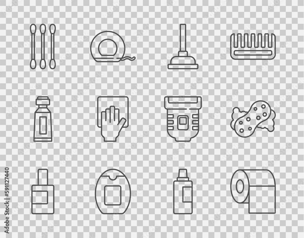 Set line Bottle for cleaning agent, Toilet paper roll, Rubber plunger, of shampoo, Cotton swab ears, Cleaning service, and Sponge icon. Vector Set line Bottle for cleaning agent, Toilet paper roll, Rubber plunger, of shampoo, Cotton swab ears, Cleaning service, and Sponge icon. Vector