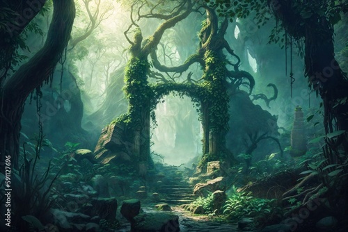 Fantasy Illustration of Magical Gate in a Forest