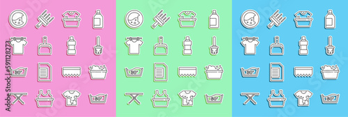 Set line Temperature wash, Basin with soap suds, Toilet brush, shirt, Dustpan, Drying clothes, Washer and Bottle for cleaning agent icon. Vector