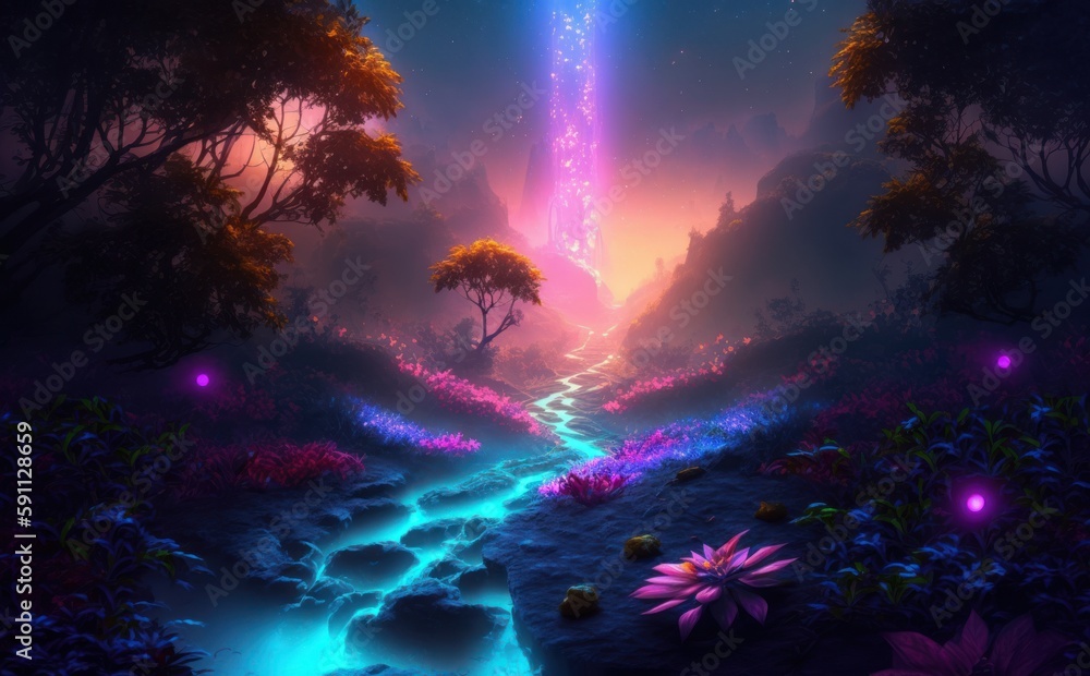 Colorful bioluminescence plants in the forest. Beautiful illustration picture. Generative AI