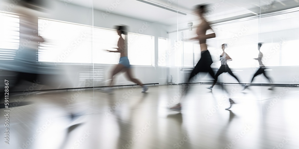 Motion blur of women exercising in fitness studio, created with Generative AI technology