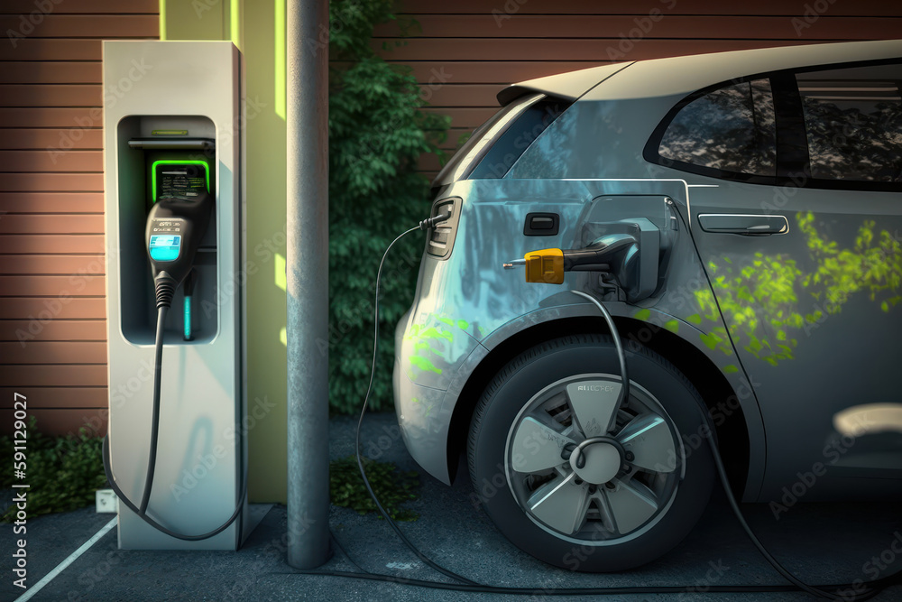 Ecology conception. Electric car. Beautiful illustration picture. Generative AI