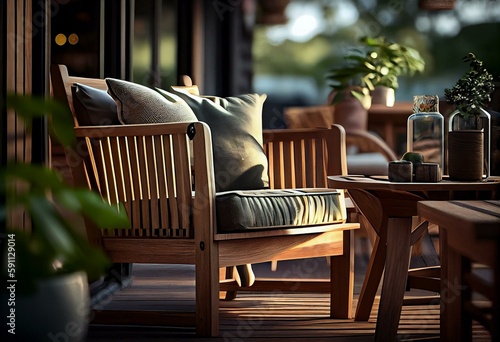 Teak furniture on a modern wooden terrace in summer. Generative AI