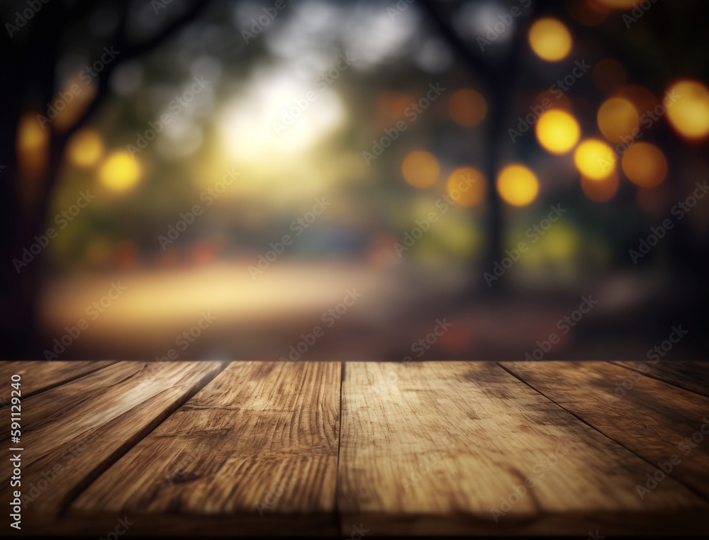 Wooden empty top table with blur nature view. Tabletop with light effect bokeh of tree on background. Generative AI