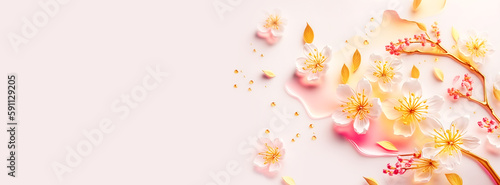 Abstract beauty modern tender flower banner with delicate cherry flowers on surface futuristic background of smooth flowing. Trendy oriental floral background. Banner size  copy space. Generation ai