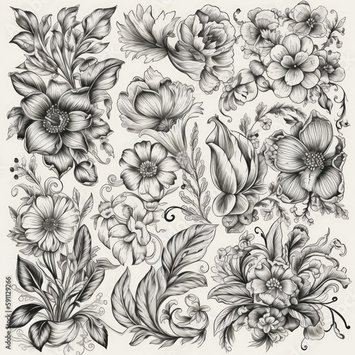 Monochrome floral motifs generative ai