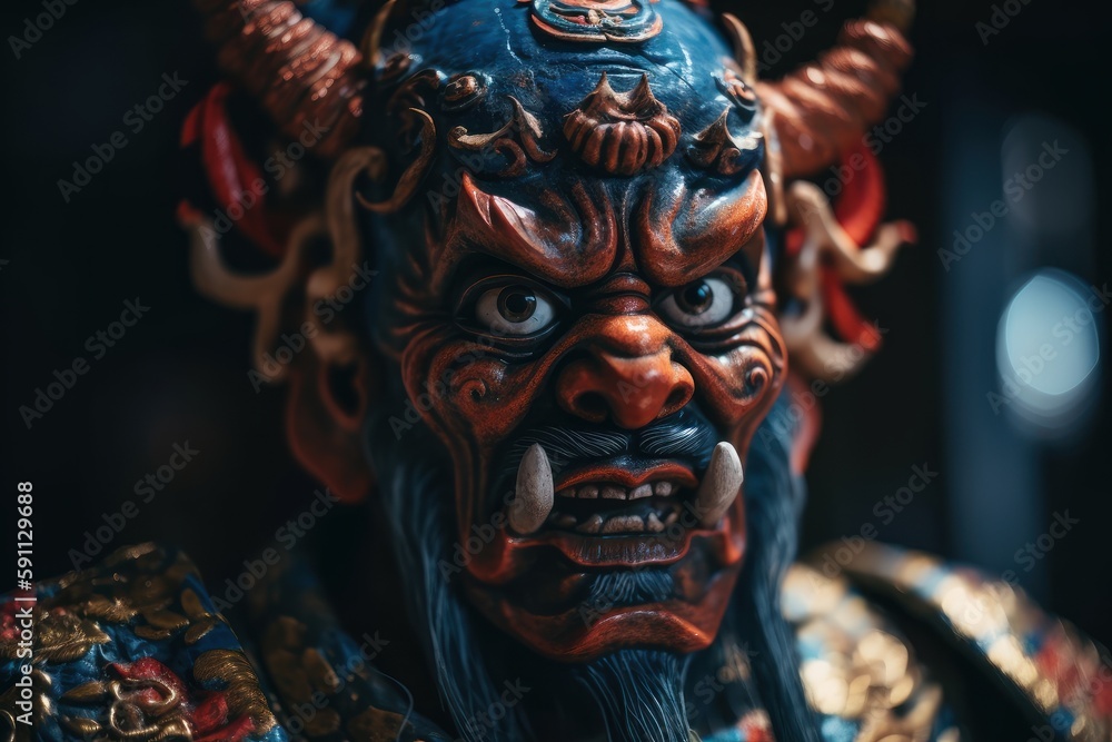 Portrait of Japanese style warrior in the fearsome mask. Beautiful illustration picture. Generative AI