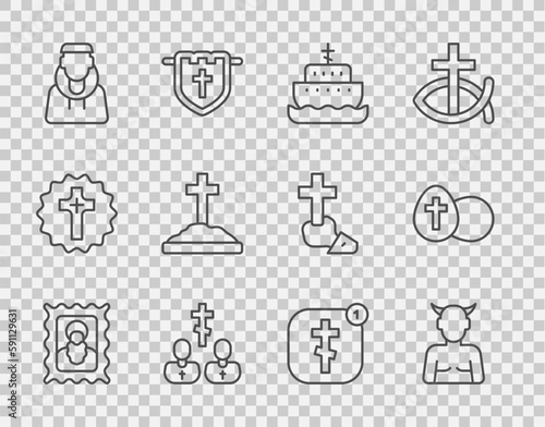 Set line Christian icon, Krampus, heck, Ark of noah, Priest, Monk, Grave with cross, Online church pastor preaching and Easter egg icon. Vector