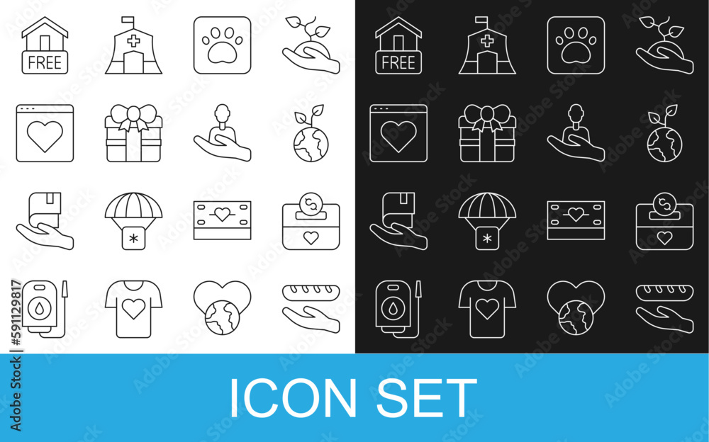 Set line Donation food, and charity, Volunteer team planting trees, Paw print, Gift box, Dating app online, Free home delivery and Caring for people icon. Vector Set line Donation food, and charity, Volunteer team planting trees, Paw print, Gift box, Dating app online, Free home delivery and Caring for people icon. Vector