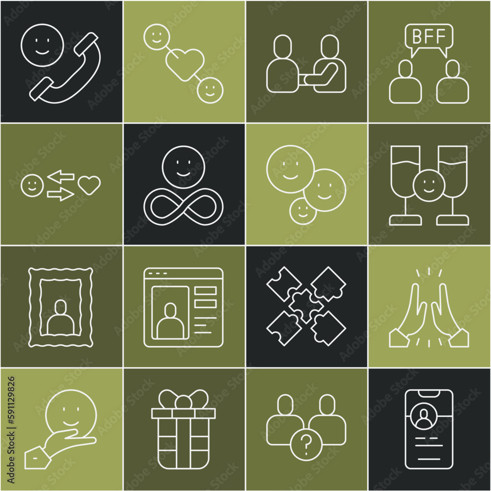Set line Dating app online, Informal greeting, Friends drinking alcohol, Happy friendship day, forever, Romantic relationship, Incoming call mobile and icon. Vector Set line Dating app online, Informal greeting, Friends drinking alcohol, Happy friendship day, forever, Romantic relationship, Incoming call mobile and icon. Vector