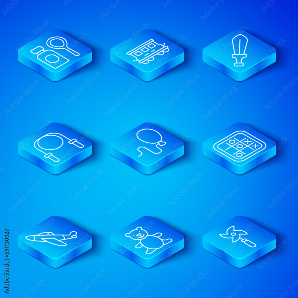 Set line Toy plane, Balloons, Teddy bear plush toy, Tic tac toe game, Sword, Jump rope, Soap bubbles bottle and Pinwheel icon. Vector Set line Toy plane, Balloons, Teddy bear plush toy, Tic tac toe game, Sword, Jump rope, Soap bubbles bottle and Pinwheel icon. Vector