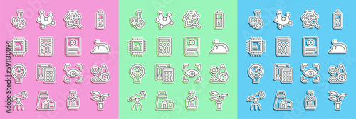 Set line Plant breeding, Timing belt kit, Experimental mouse, Microorganisms under magnifier, Calculator, Processor CPU, Test tube with toxic liquid and Patient record icon. Vector