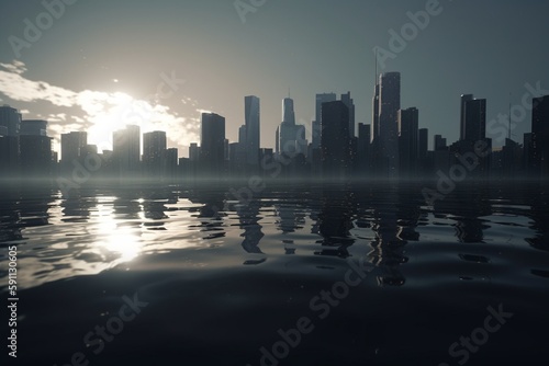 A city skyline with reflections in the water, Generative AI
