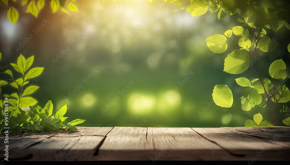 Beautiful spring background with green and empty wooden table, Natural template, space for text