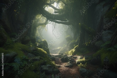 A mystical forest with a hidden cave, Generative AI © Silvanir