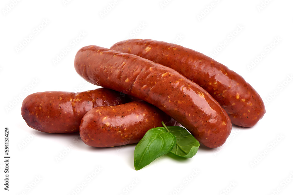 Smoked german sausages, isolated on white background.