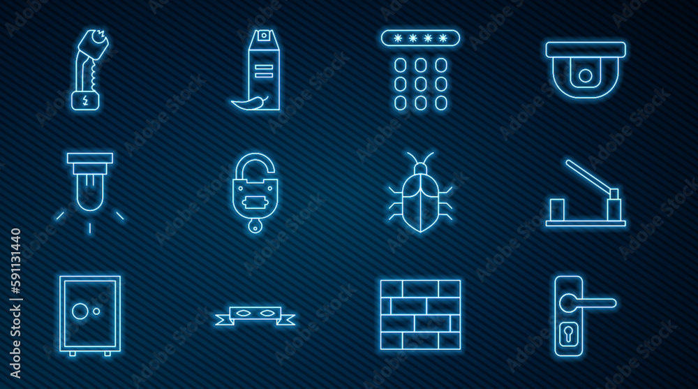 Set line Door handle, Parking car barrier, Password protection, Lock key, Motion sensor, Police electric shocker, System bug concept and Pepper spray icon. Vector Set line Door handle, Parking car barrier, Password protection, Lock key, Motion sensor, Police electric shocker, System bug concept and Pepper spray icon. Vector