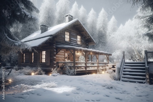 A snowy winter scene with a cozy cabin, Generative AI