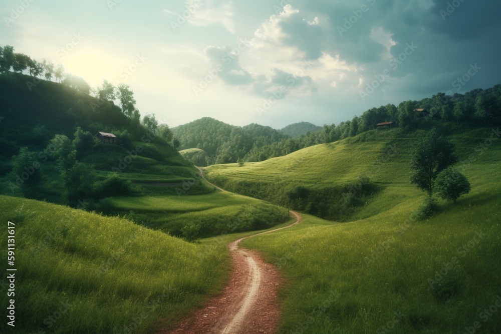 A peaceful countryside with a winding road, Generative AI