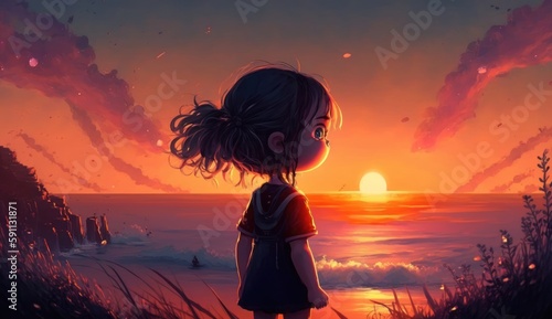 Cute cartoon sunset landscape, in pink and purple tones, wallpaper