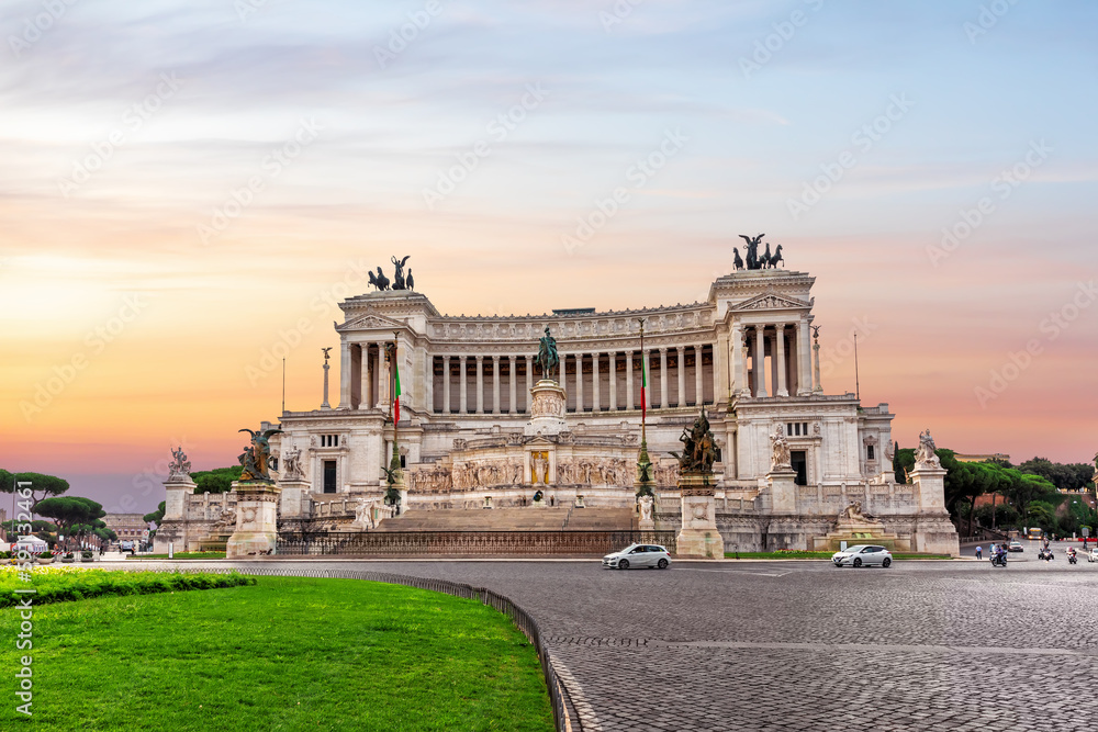 Vittoriano or Altar of the Fatherland from Venice Square, sunset view, Rome, Italy