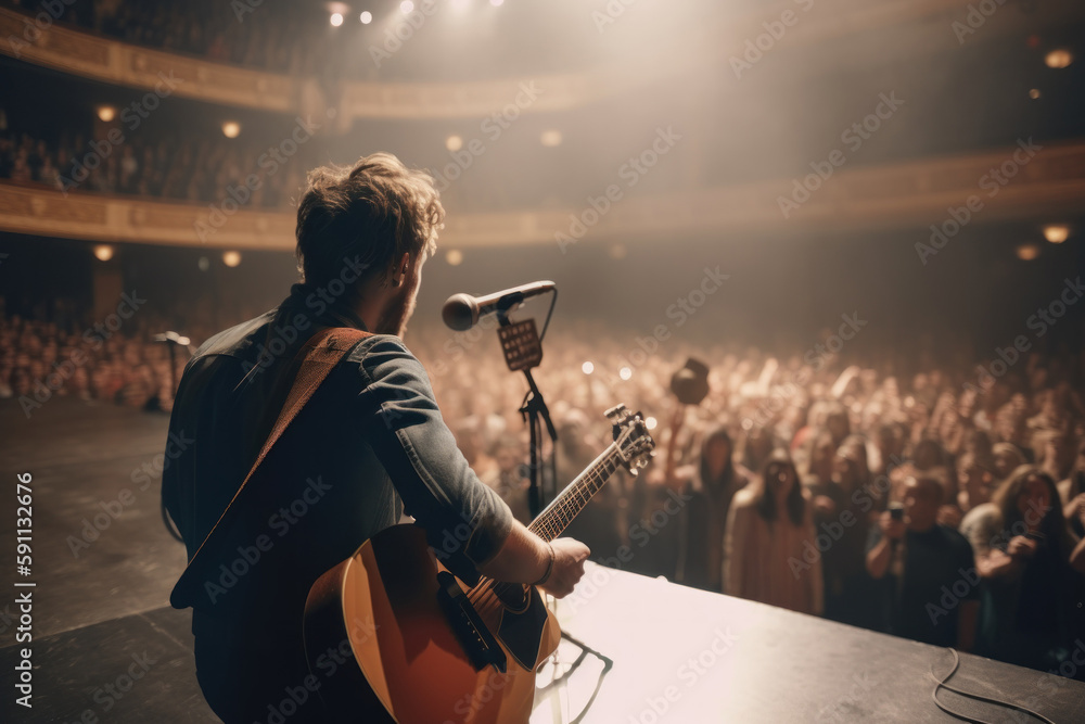 © GVS - Man performing and playing guitar on stage for a crowd of people. Generative AI