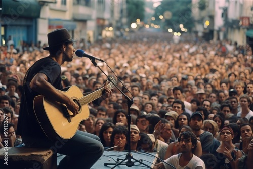 Man performing and playing guitar on stage for a crowd of people. Generative AI