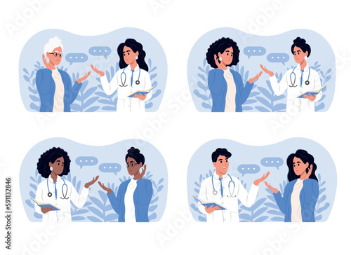 Doctors and patients of different races and ages. Male and female doctors talking to patients during consultation.