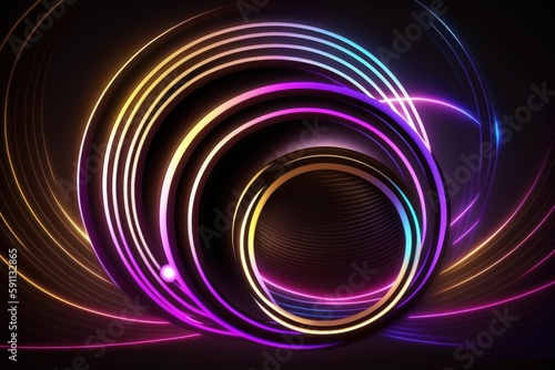 Colorful digital background with neon lights and circles. Generative AI