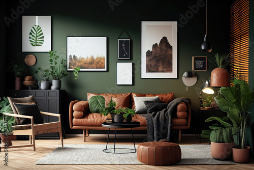 Modern stylish interior of living room with brown leather sofa, green walls, and potted plants. Generative AI