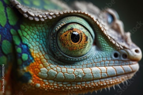 Colorful chameleon (chamaeleo calyptratus) close-up. Generative AI