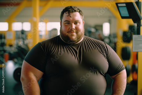 Fat smiling man standing in gym. Generative AI