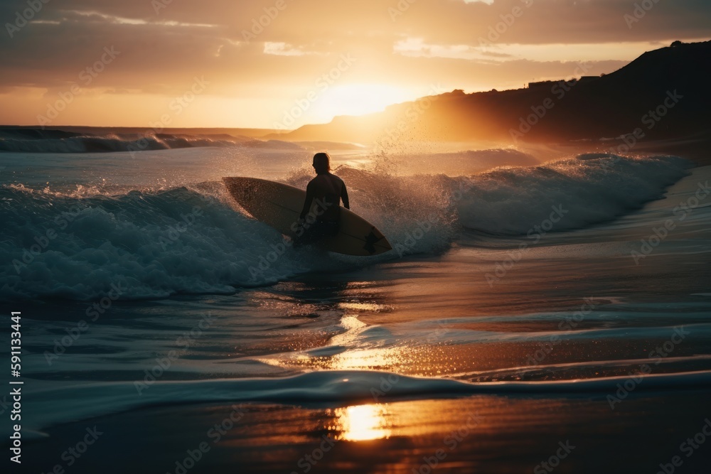 Surfer in the ocean with a surfboard at sunset. Generative AI