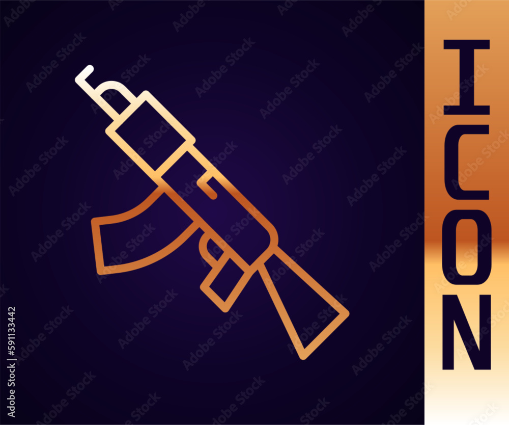 Gold line Submachine gun icon isolated on black background. Kalashnikov or AK47. Vector Gold line Submachine gun icon isolated on black background. Kalashnikov or AK47. Vector