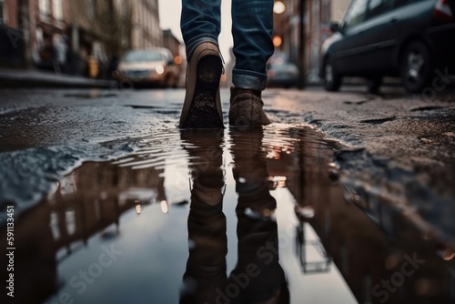 Reflection of man walking through rain puddle. Generative AI