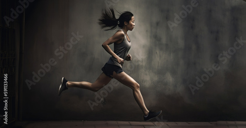 Athletic asian woman running on the street. Generative AI
