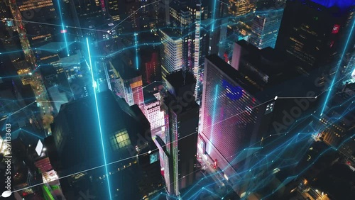 High angle view of modern high rise buildings around Time Square, Manhattan, New York, USA. Added digital visual effects of augmented reality.