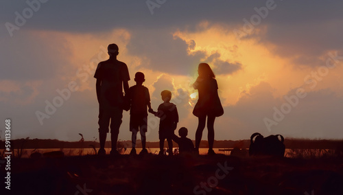 silhouettes of a happy family against the sunset