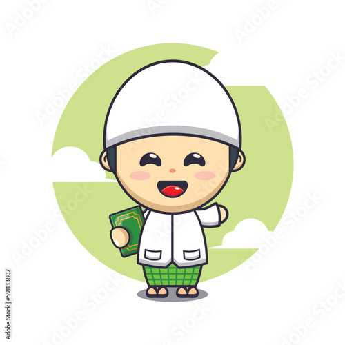 Cute boy holding book cartoon vector illustration. Ramadhan cartoon mascot vector illustration.