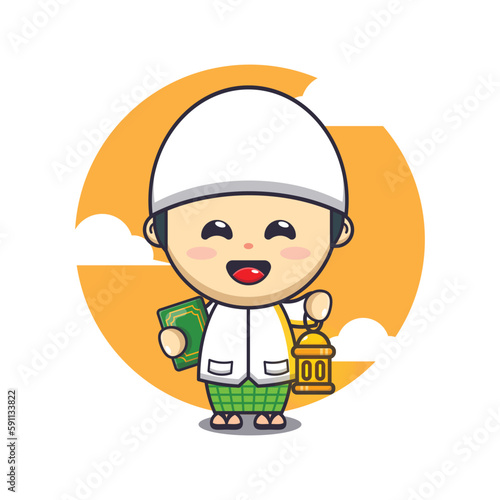 Cute boy holding latern and book cartoon vector illustration. Ramadhan cartoon mascot vector illustration.